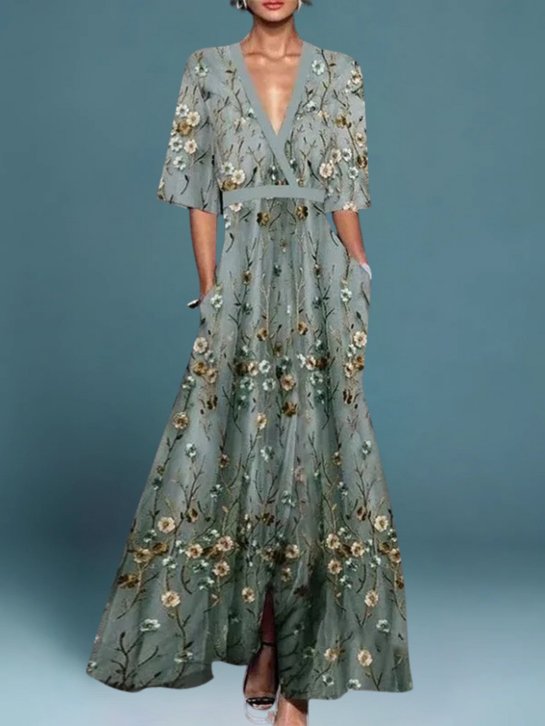 Safia | Elegant V-Neck Belted Boho Dress