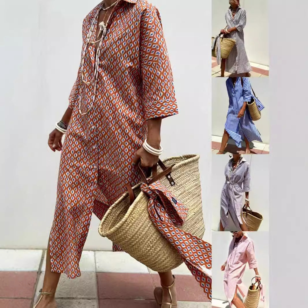 Wanette | Striped Two-side Slit Shirt Dress